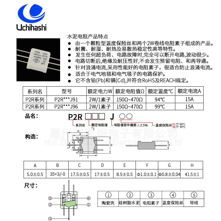 UMI内桥电阻器P2R361J91 360ohm 91℃ 电热毯电阻器