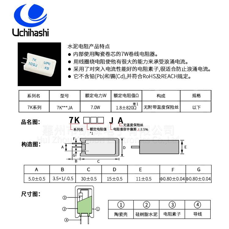 无感电阻器7K100JA，Uchihashi温度保险丝付电阻器