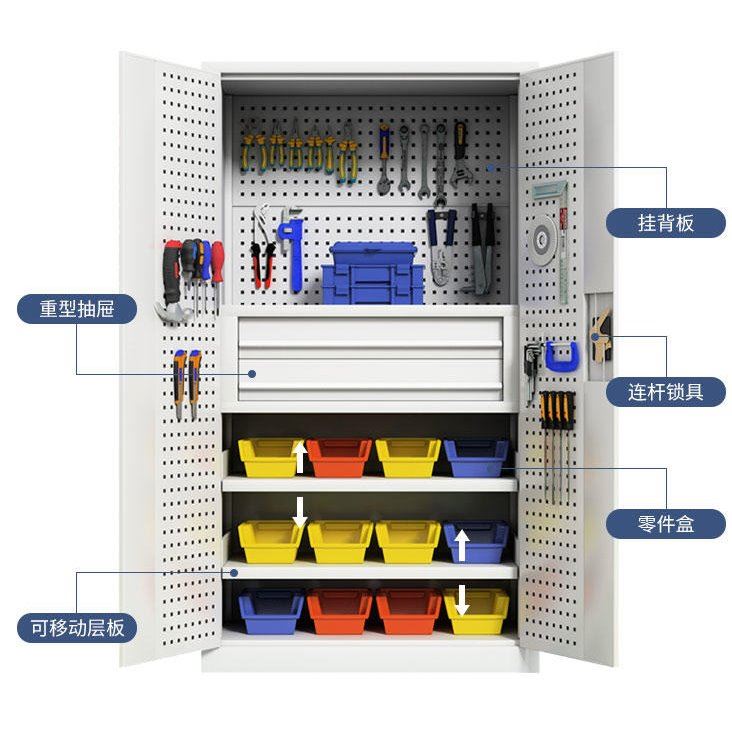 鸿晟达车间工具柜 五金整理柜 重型收纳箱铁皮柜 多功能零件柜储物柜 灰白色内网三抽工具柜HGJG-1800