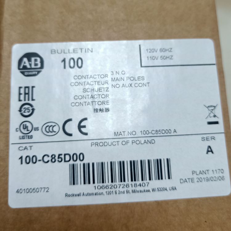 美国AB接触器100-C85D00 110V